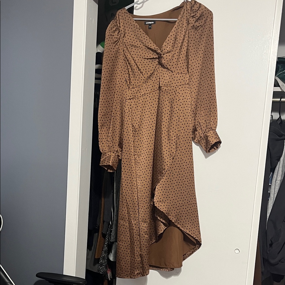 Express Brown Asymmetrical Polka Dot Dress